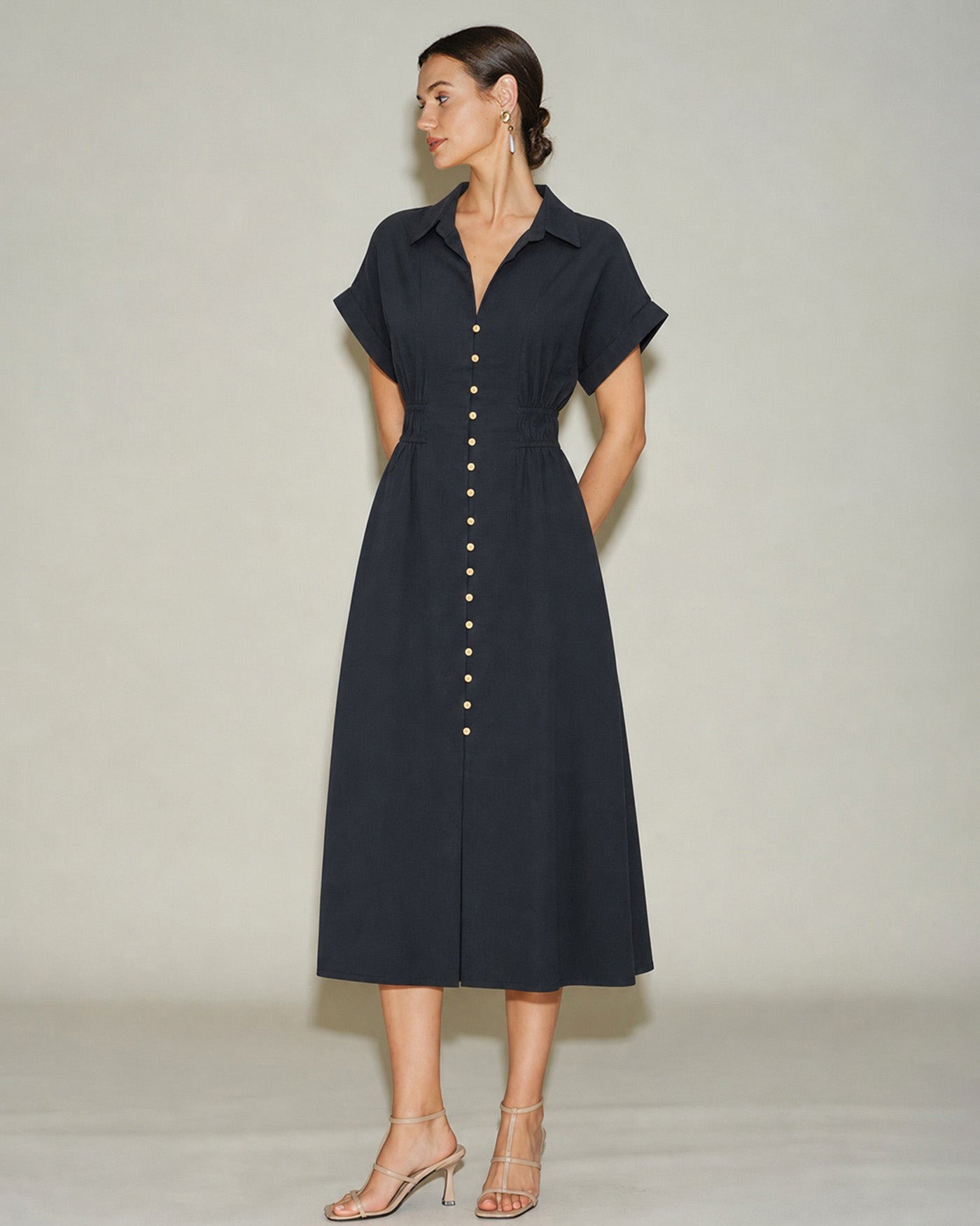 Siyah V Yaka Düşük Shoulder Midi Elbise