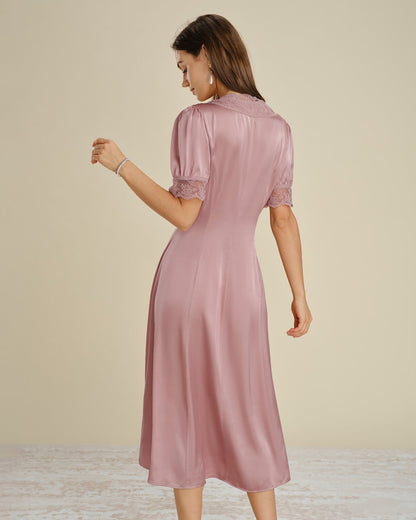 Pembe Dantelli Geçişli Saten Midi Elbise