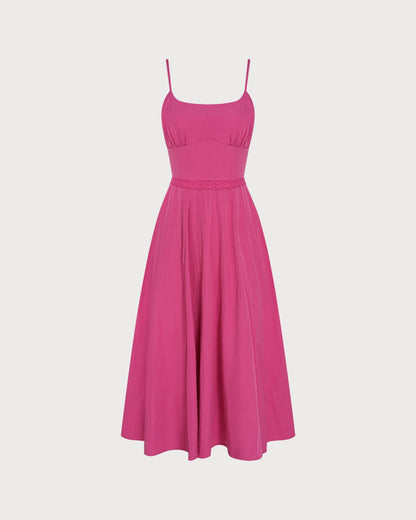 Pembe Dantelli Cepli Askılı Midi Elbise