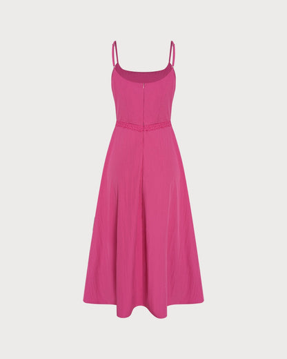 Pembe Dantelli Cepli Askılı Midi Elbise