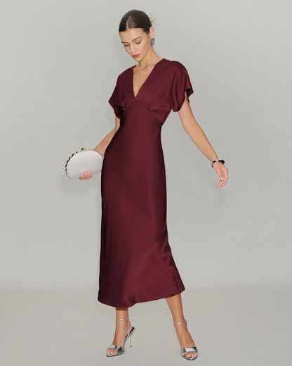 Şarap Kırmızısı Saten Cowl Sleeve Midi Elbise