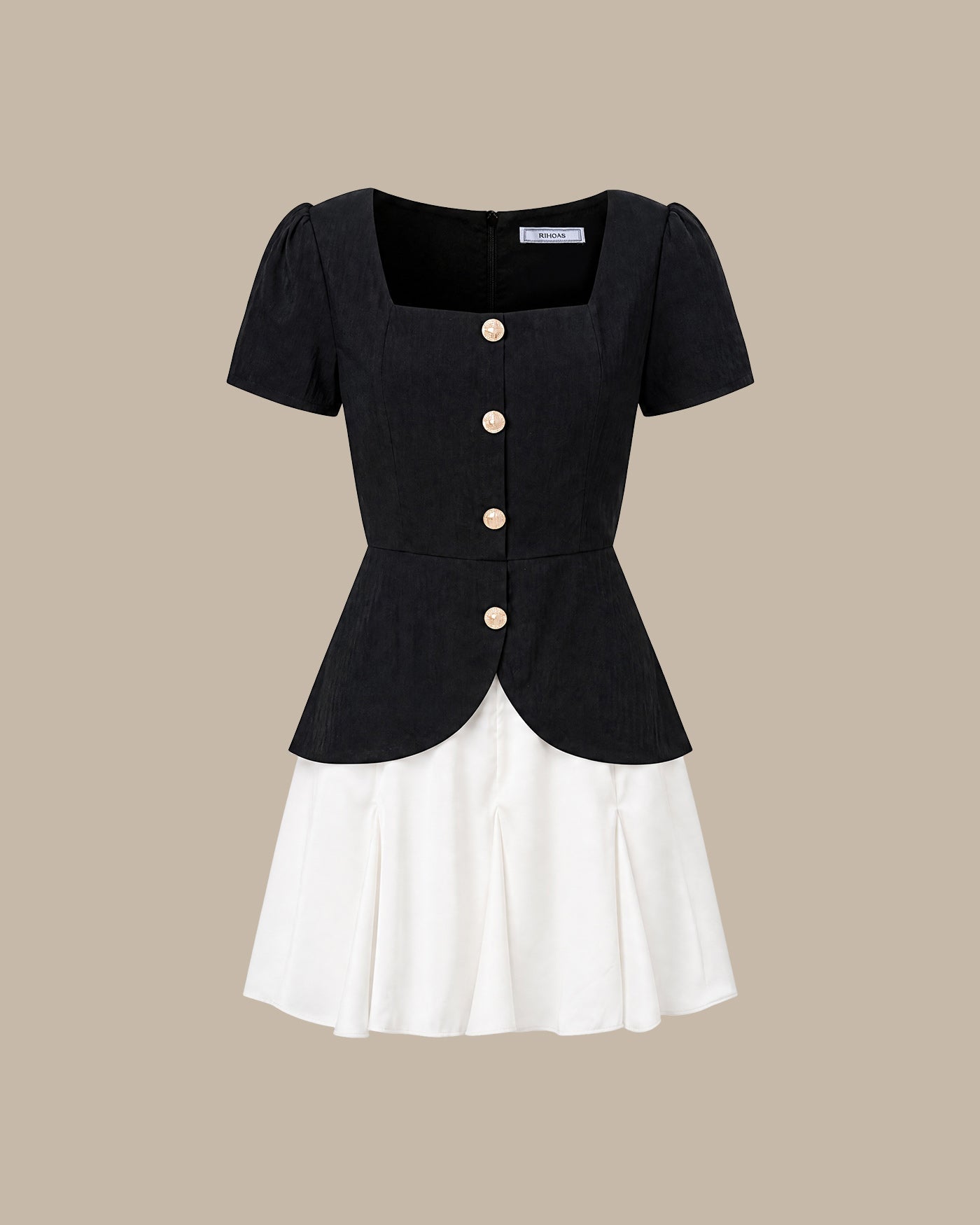 Siyah Kare Yaka Contrasting Mini Elbise