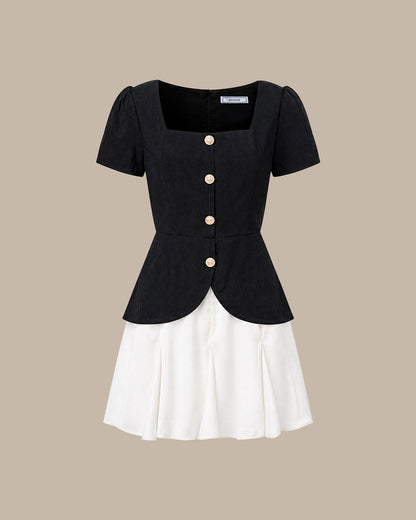 Siyah Kare Yaka Contrasting Mini Elbise