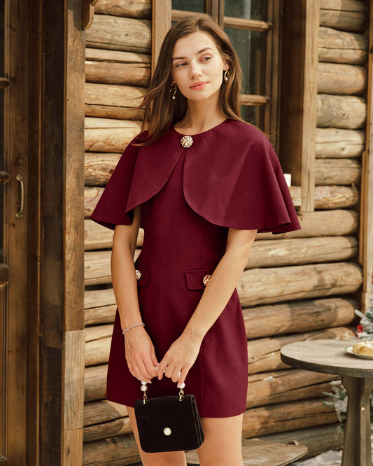 Şarap Kırmızısı Pelerinli Sleeve Cepli Mini Elbise
