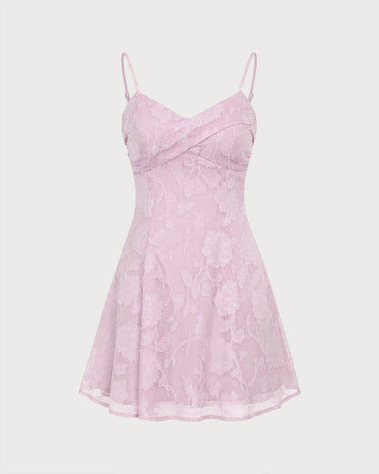 Pembe Jakarlı Askılı Kesim Mini Elbise