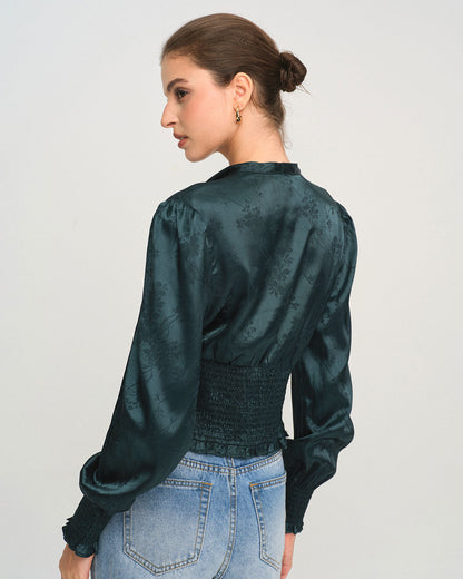 Yeşil Jakarlı Bağlamalı Neck Bluz