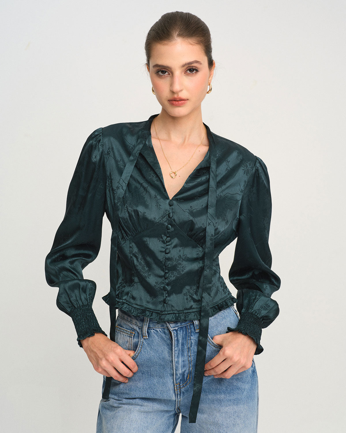 Yeşil Jakarlı Bağlamalı Neck Bluz