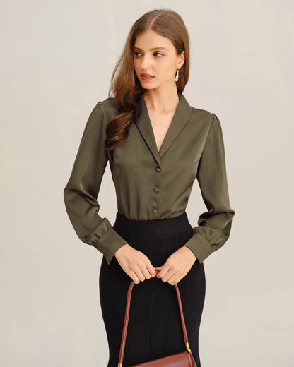 Yeşil Saten V-Neck Ofis Gömlek