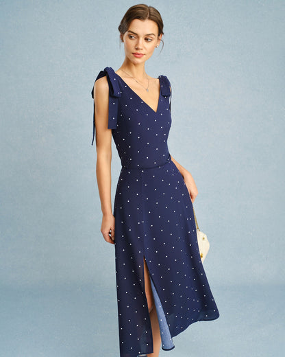 Lacivert Puantiyeli Yırtmaçlı Midi Etek