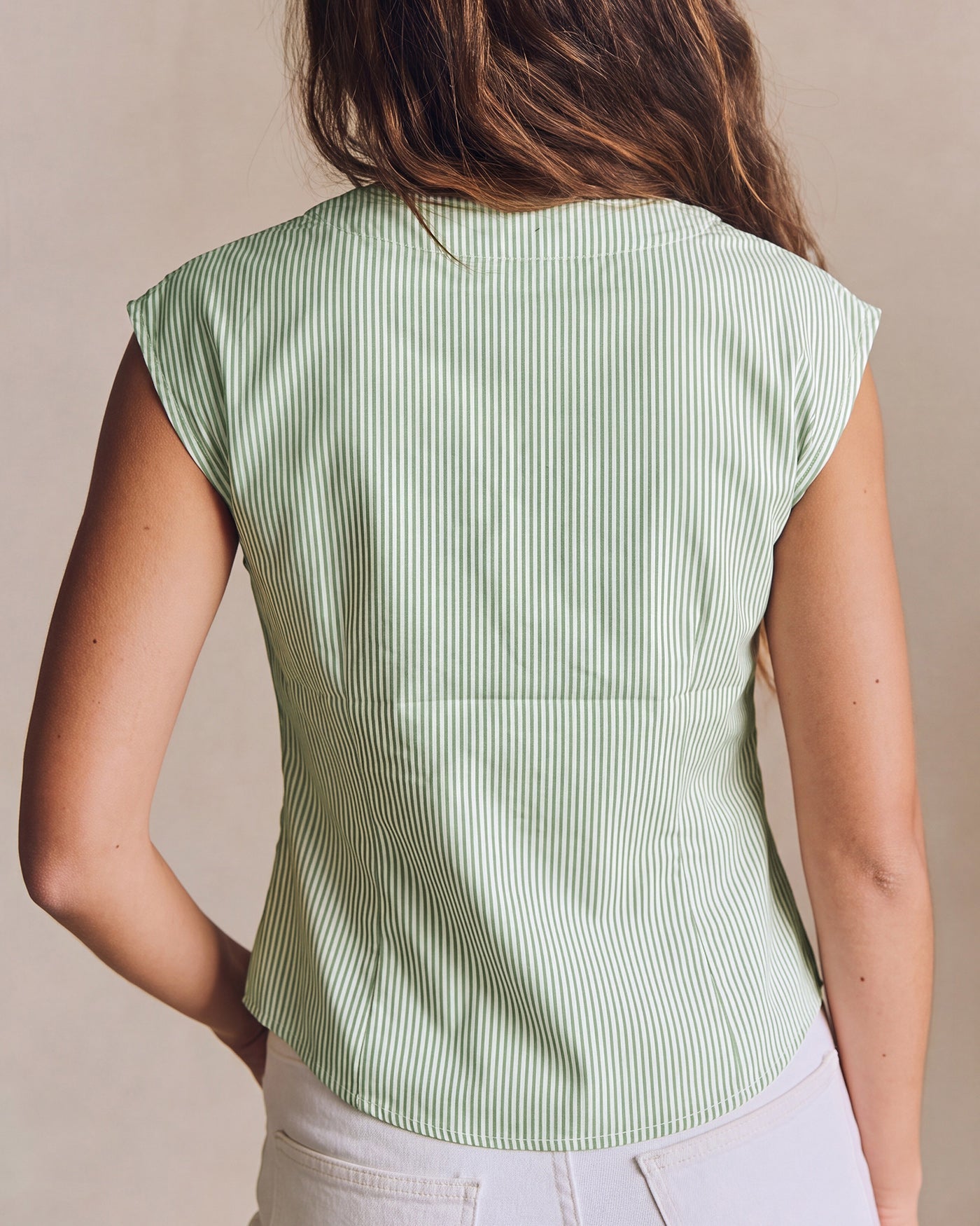 Yeşil V Yaka Düşük Shoulder Çizgili Tişört
