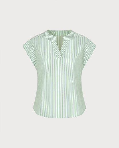 Yeşil V Yaka Düşük Shoulder Çizgili Tişört