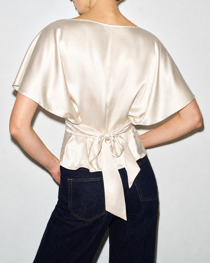 Kayısı Kayık Yaka Düşük Shoulder Bağlamalı Tişört