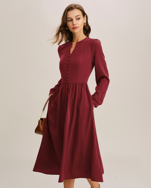 Kırmızı Fransız Sleeve Kesim Midi Elbise