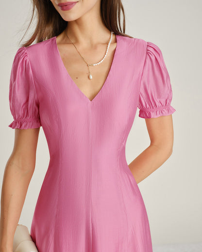 Pembe Balon Kollu Transparan Midi Elbise